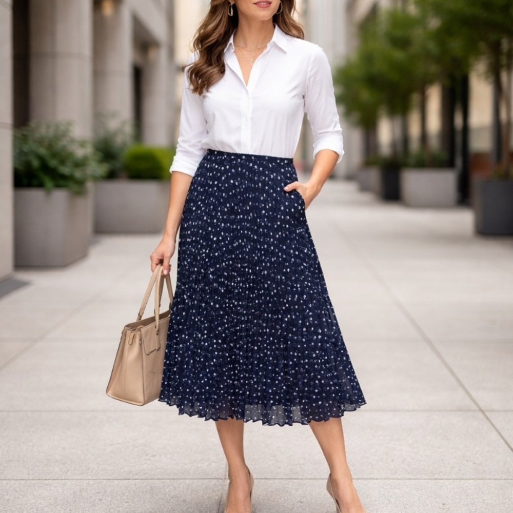 Talbots Navy Blue & White Retro Preppy Polka Dot Pleated A-Line Skirt Size 10P